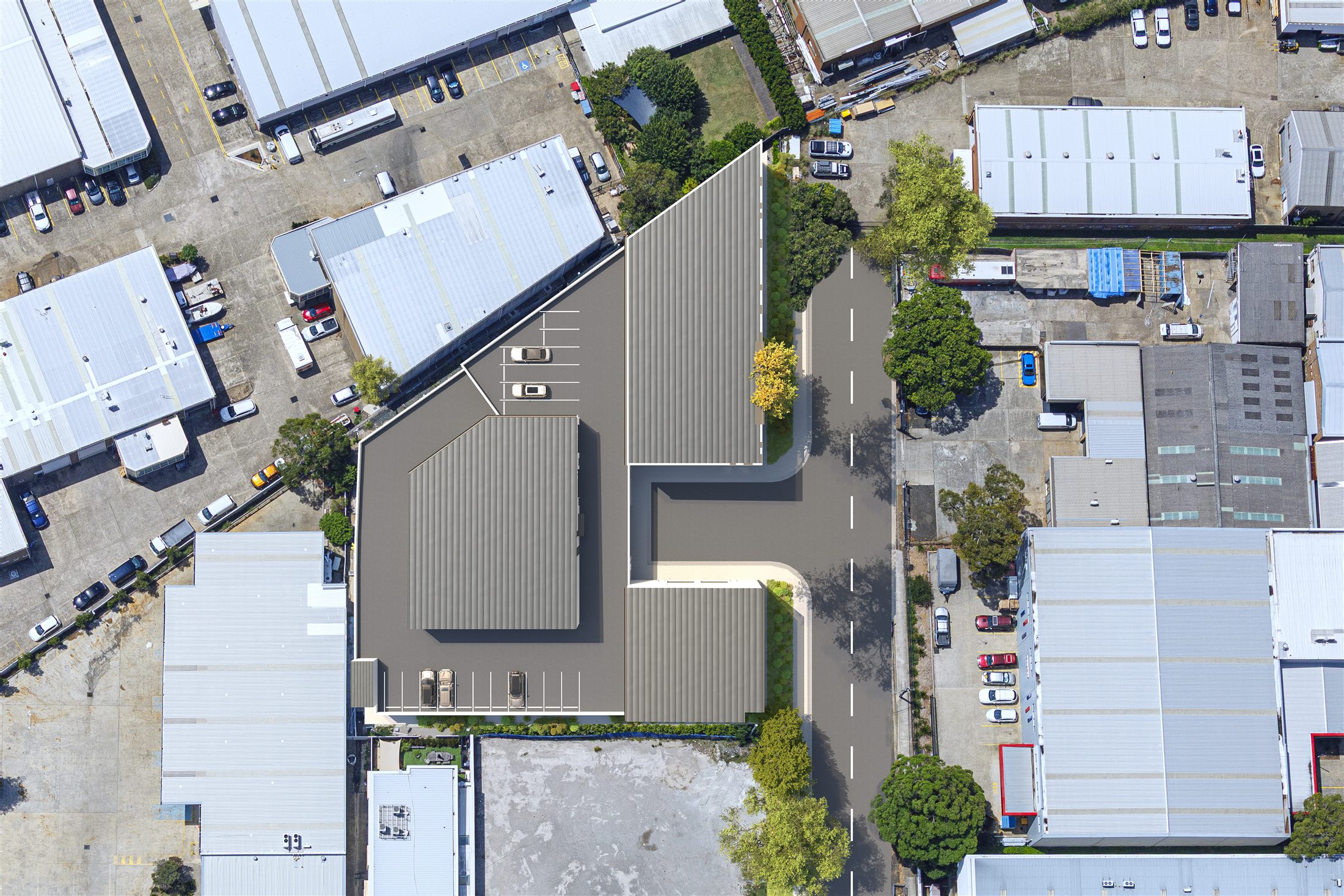 Aerial architectural render of industrial units for sale in Caringbah at Hub on Meta, 1 Meta Street.